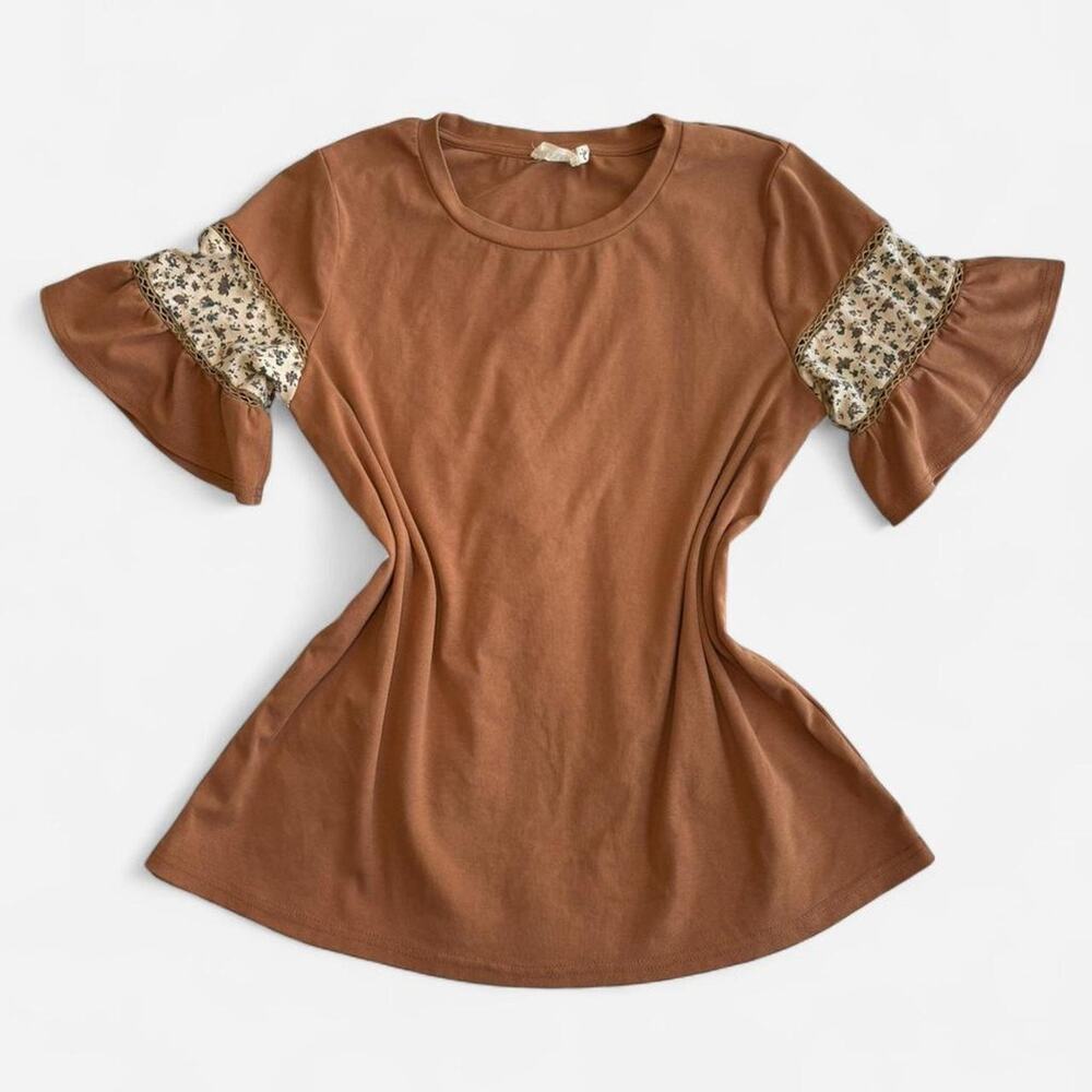 ROOLEE Women's S Boho Casual Floral Blouse Cotton Blend Brown